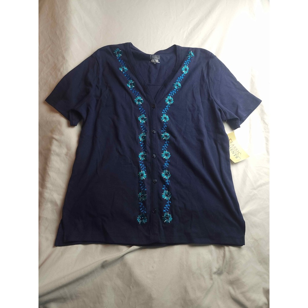 Classic Elements Navy Blue Floral Embroidered Beaded‎ Button Front Top Large NWT